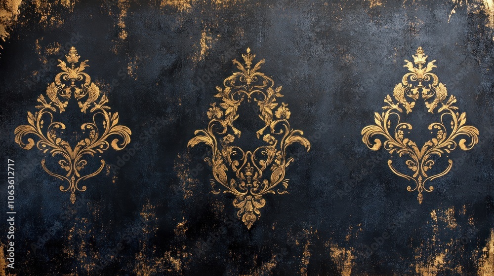 A dark blue background with three gold damask patterns. A dark blue background with three gold damask patterns.