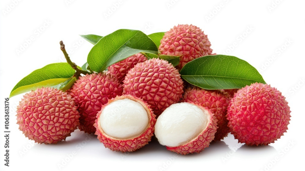 Fresh lychee with bumpy, textured red skin and juicy white flesh inside, isolated on a bright white background, highlighting ripeness. Fresh lychee with bumpy, textured red skin and juicy white flesh inside, isolated on a bright white background, highlighting ripeness.