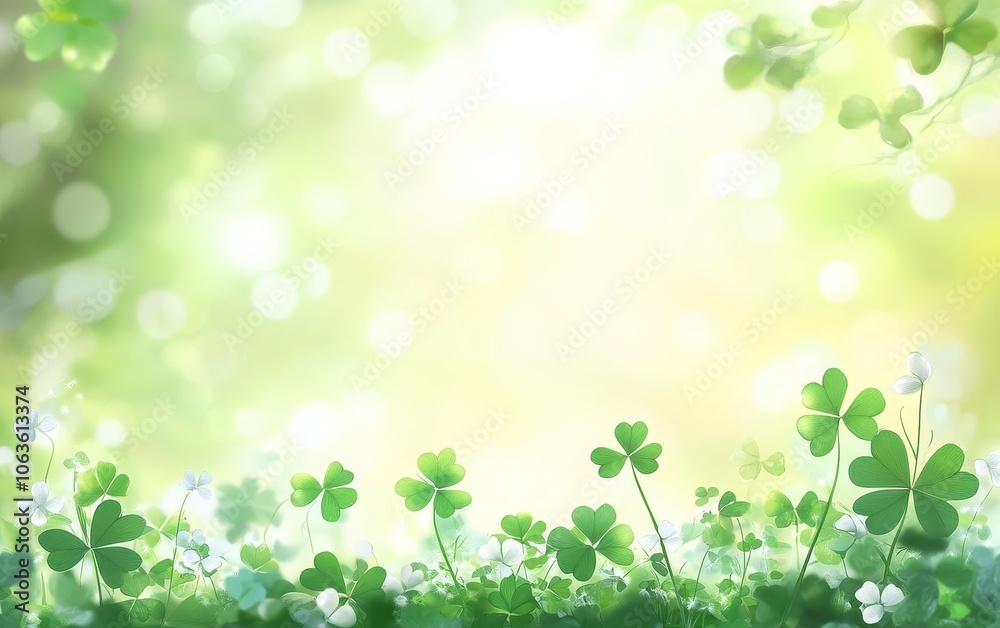 A serene, green landscape filled with clovers and soft bokeh lighting, evoking tranquility and nature. A serene, green landscape filled with clovers and soft bokeh lighting, evoking tranquility and nature.