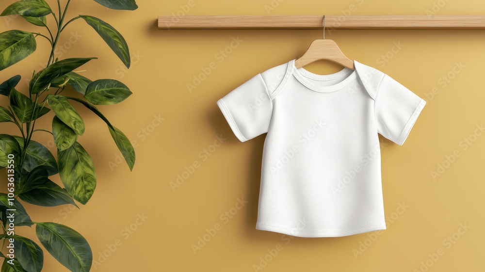 White t-shirt hanging on a wooden hanger against a yellow wall with plant. White t-shirt hanging on a wooden hanger against a yellow wall with plant.