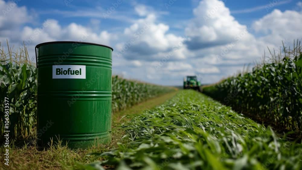 Green barrel labeled biofuel stands in a cornfield with a tractor working under a blue sky filled with fluffy clouds Green barrel labeled biofuel stands in a cornfield with a tractor working under a blue sky filled with fluffy clouds