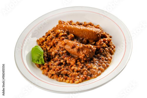 Lentil with sausages tasty food dish second course аresh delicious gourmet food background on the table rustic food top view copy space top view