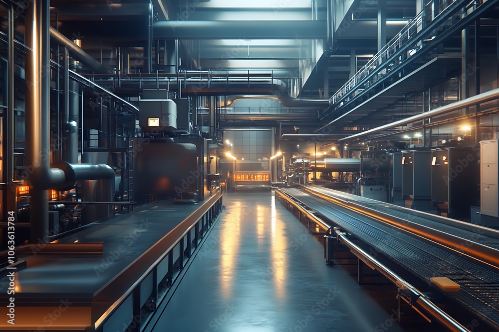 A modern industrial facility with pipes and conveyor belts, showcasing manufacturing processes. A modern industrial facility with pipes and conveyor belts, showcasing manufacturing processes.
