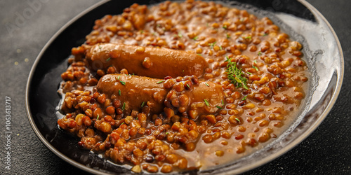 Lentil with sausages tasty food dish second course аresh delicious gourmet food background on the table rustic food top view copy space top view photo