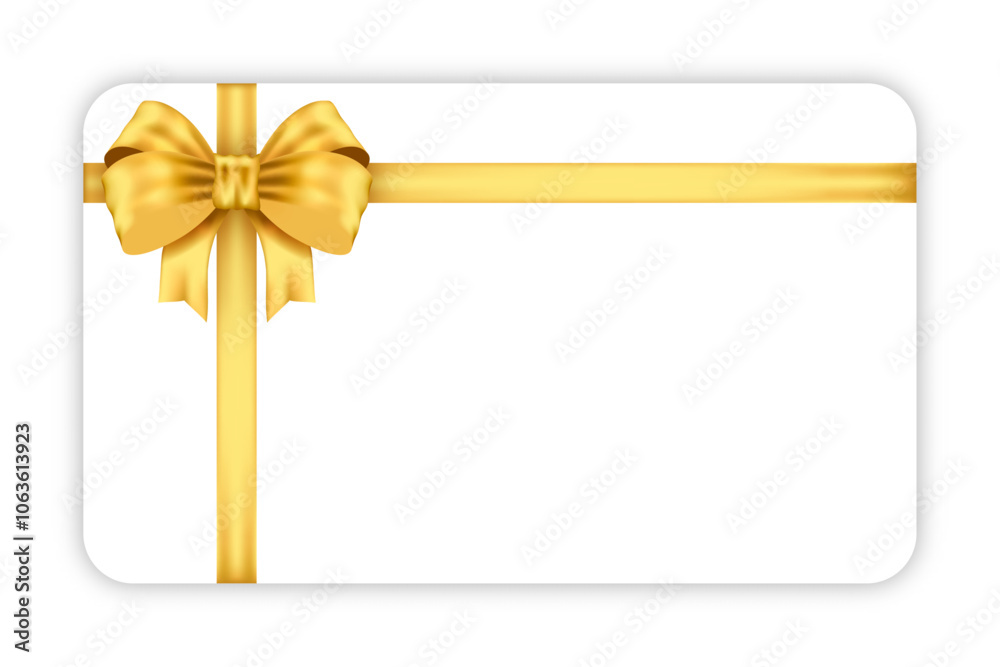 Mockup white gift card with gold bow isolated on white background Mockup white gift card with gold bow isolated on white background
