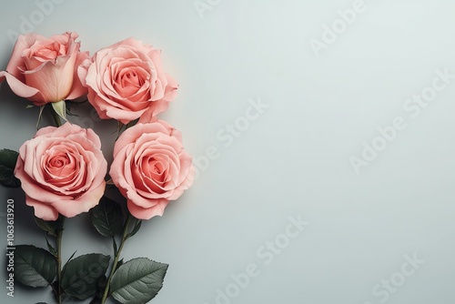 Beautiful pink roses arranged gracefully on a minimalist flat surface, perfect for romantic and floral themes.