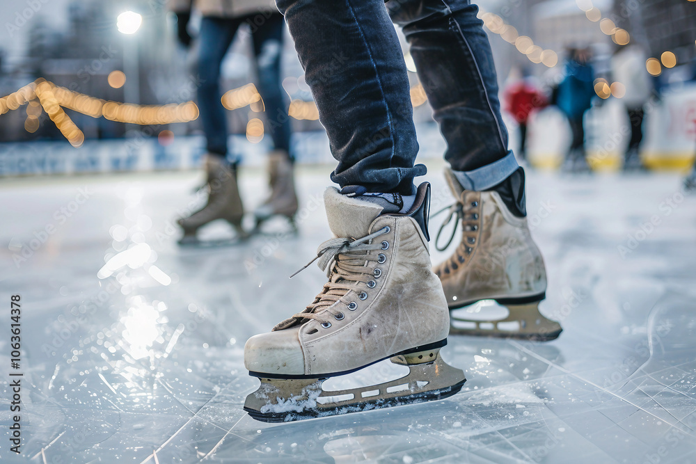 Woman wearing ice skates standing on ice rink surface generative ai Woman wearing ice skates standing on ice rink surface generative ai