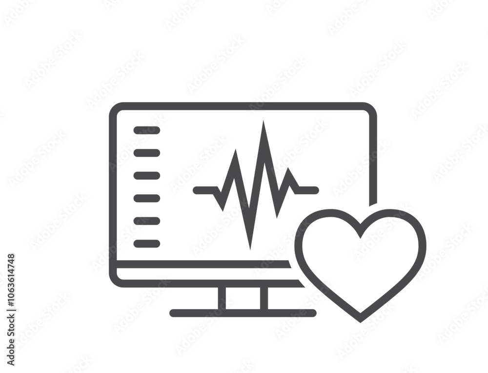 Heart healthcare line icon. Digital healthcare, cardiogram and heartbeat on computer monitor. Isolated vector image in simple style