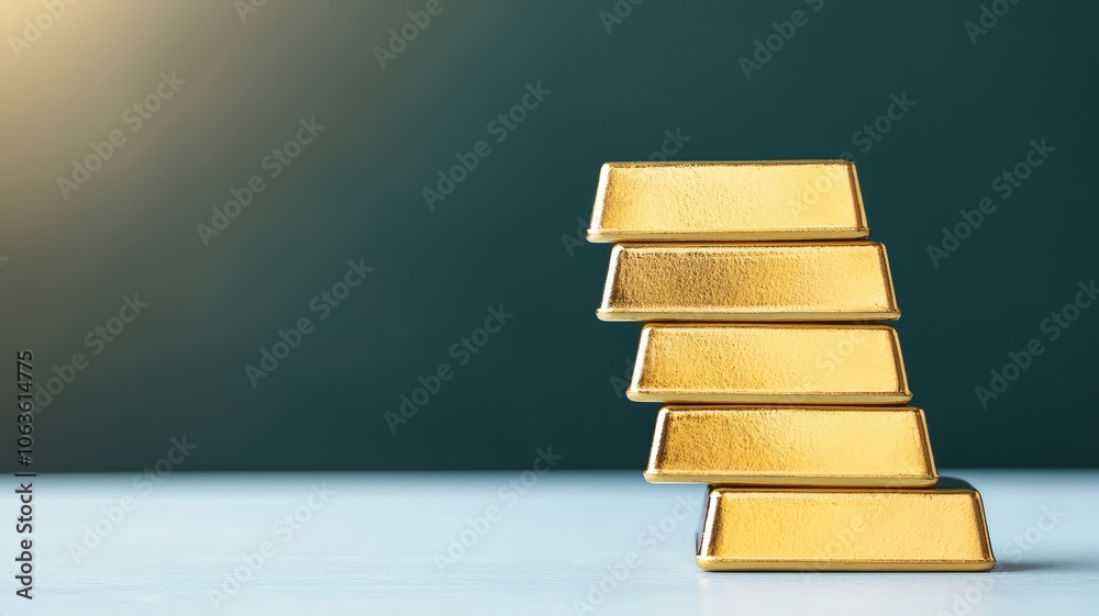 A stack of gold bars gleams in soft light, symbolizing wealth and luxury against a muted green background. A stack of gold bars gleams in soft light, symbolizing wealth and luxury against a muted green background.