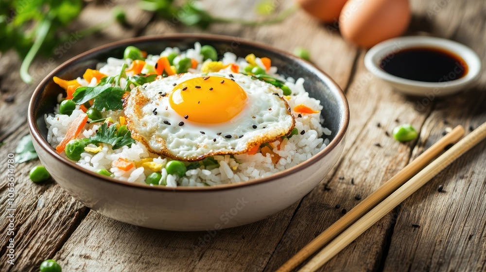Fried rice with scrambled egg and fresh vegetables in a bowl, surrounded by chopsticks and soy sauce on a rustic table for a cozy meal Fried rice with scrambled egg and fresh vegetables in a bowl, surrounded by chopsticks and soy sauce on a rustic table for a cozy meal