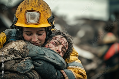 This powerful image shows a firefighter offering comfort to a woman recently rescued from a disaster area, highlighting the bond formed in moments of crisis.