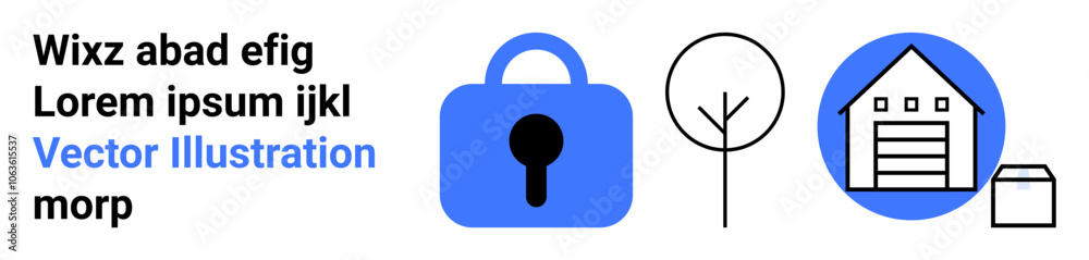 Lock icon, tree, house, and small building. Ideal for real estate, property security, home insurance, environmental planning, urban development, architectural design, and property management. Banner Lock icon, tree, house, and small building. Ideal for real estate, property security, home insurance, environmental planning, urban development, architectural design, and property management. Banner