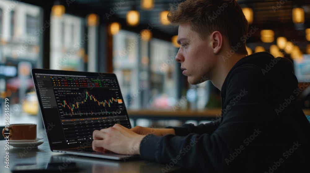 A man is sitting at a table with a laptop open, looking at the screen A man is sitting at a table with a laptop open, looking at the screen