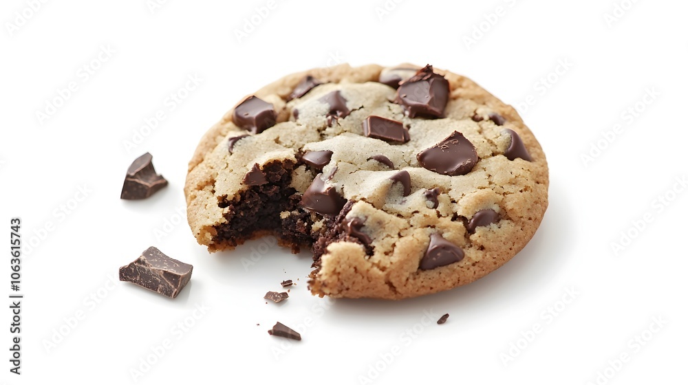 Mouthwatering Chocolate Chip Cookie with Melty Chocolate Chunks on White Background Mouthwatering Chocolate Chip Cookie with Melty Chocolate Chunks on White Background