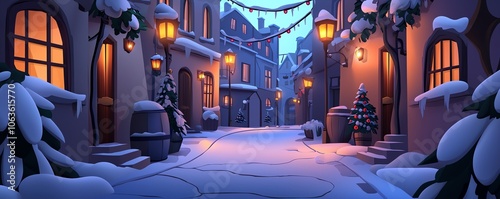 A charming, snow-covered street scene at dusk, with glowing lanterns, festive decorations, and a serene atmosphere.