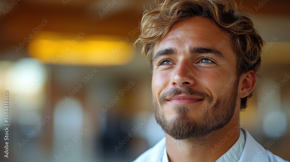 A young man with blond curly hair and a beard looks up with a hopeful and positive expression. A young man with blond curly hair and a beard looks up with a hopeful and positive expression.