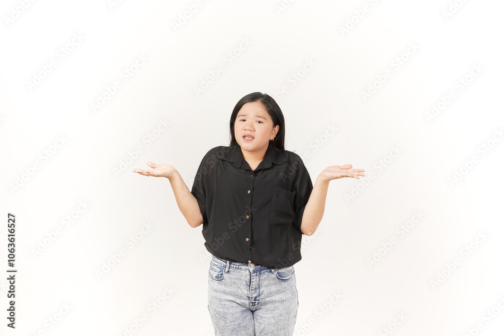 beautiful Asian woman strikes a wondering pose, arms spread wide in a questioning gesture against a white background beautiful Asian woman strikes a wondering pose, arms spread wide in a questioning gesture against a white background