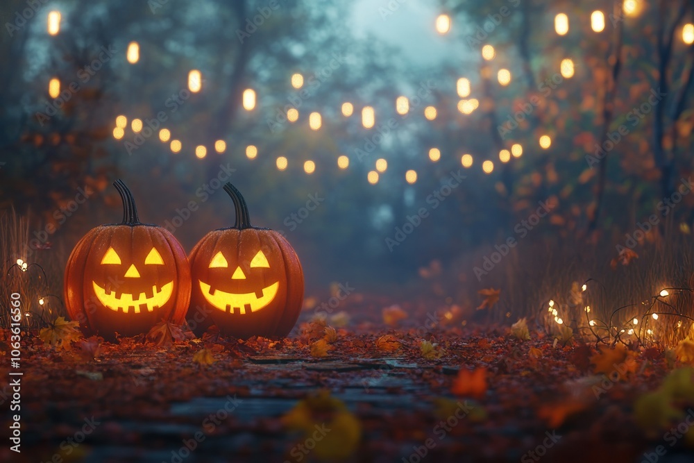 Charming Halloween Scene with Glowing Pumpkins Charming Halloween Scene with Glowing Pumpkins