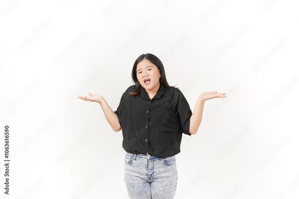 beautiful Asian woman strikes a wondering pose, arms spread wide in a questioning gesture against a white background beautiful Asian woman strikes a wondering pose, arms spread wide in a questioning gesture against a white background