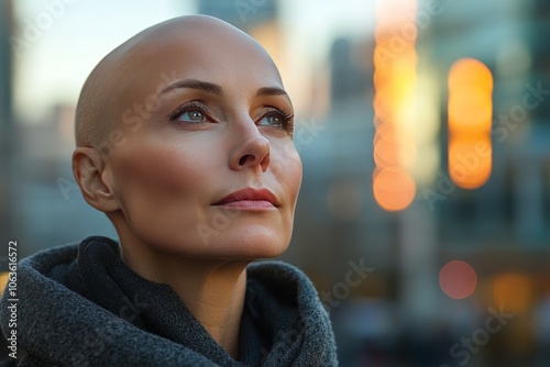 a young woman with bald head looking upside photo