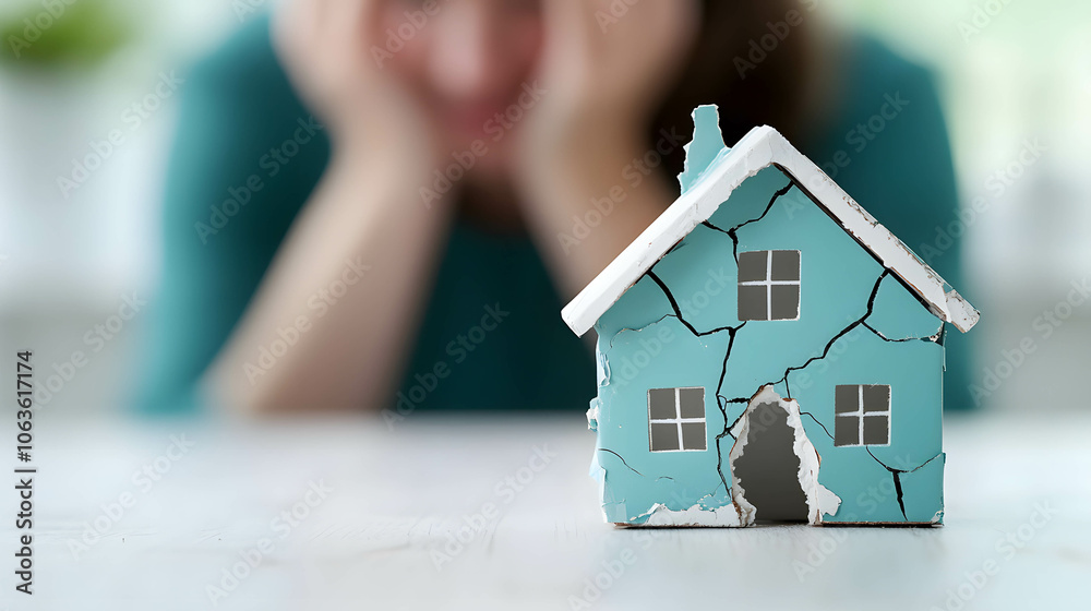 Household debt and debt crisis concept. A cracked house model is placed on a table and a person holding his head in stress. Household debt and debt crisis concept. A cracked house model is placed on a table and a person holding his head in stress.