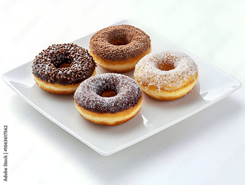 Trio of Delectable Mini Donuts with Assorted Toppings Captured on a Plain White Background Trio of Delectable Mini Donuts with Assorted Toppings Captured on a Plain White Background
