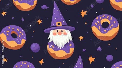 Halloween gnome with donuts - flat digital vector seamless pattern. copy space 