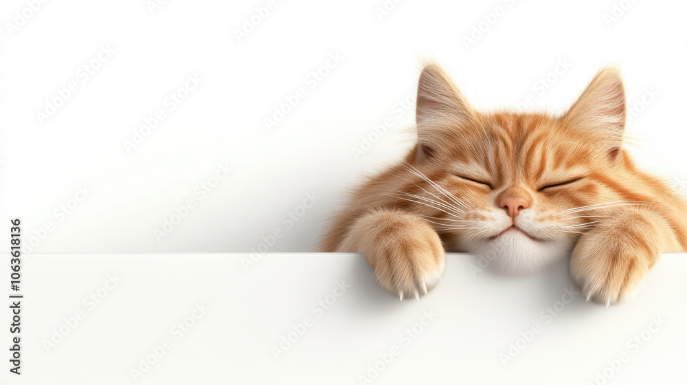 Cozy orange cat sleeping peacefully with paws resting on white surface, exuding tranquility and comfort Cozy orange cat sleeping peacefully with paws resting on white surface, exuding tranquility and comfort