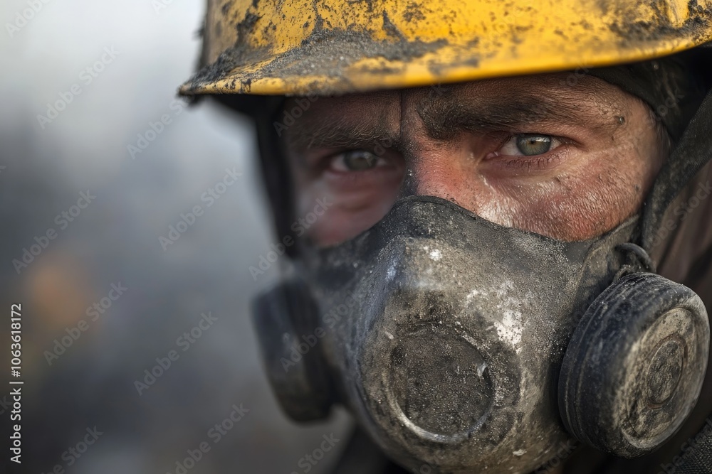 A close-up of a worker wearing a yellow helmet and gas mask, his face smudged with dirt, conveying determination amid tough conditions in a smoky environment. A close-up of a worker wearing a yellow helmet and gas mask, his face smudged with dirt, conveying determination amid tough conditions in a smoky environment.
