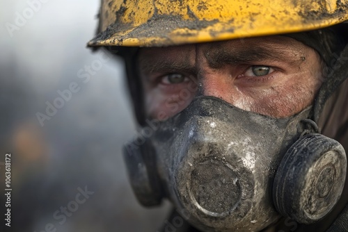 A close-up of a worker wearing a yellow helmet and gas mask, his face smudged with dirt, conveying determination amid tough conditions in a smoky environment. photo