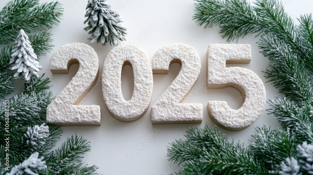 2025 font covered with snow with new year decorations border