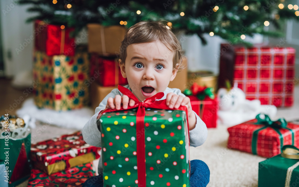 Excited Toddler Holding Christmas Present Under Tree Excited Toddler Holding Christmas Present Under Tree