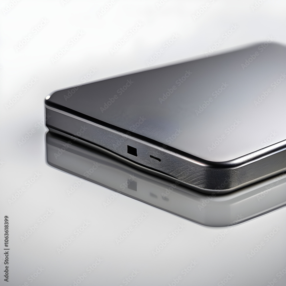 Close-up image of a shiny silver portable SSD storage device. View showing the logo on the front surface and curved design. Close-up image of a shiny silver portable SSD storage device. View showing the logo on the front surface and curved design.