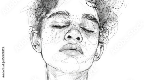 A young person with curly hair, eyes closed in a tranquil expression, highlighting their freckled skin and unique features