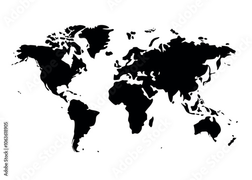 Black Silhouette of the World Map Depicting Global Geography Against a White Background