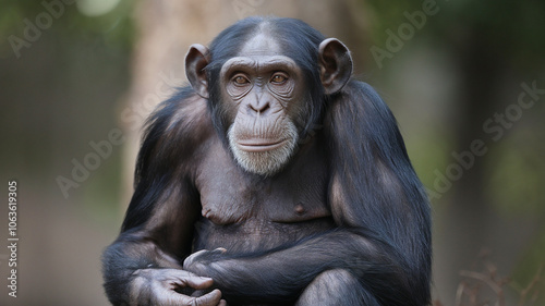 Chimpanzee Portrait Closeup, Black Fur, Sitting,  Focused Gaze