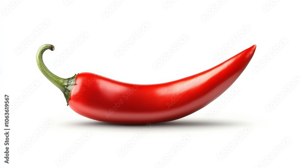 Spicy Red Chili Pepper: A single, vibrant red chili pepper stands out against a clean backdrop. Its sleek, curved form and fiery hue create a visually captivating image. Spicy Red Chili Pepper: A single, vibrant red chili pepper stands out against a clean backdrop. Its sleek, curved form and fiery hue create a visually captivating image.