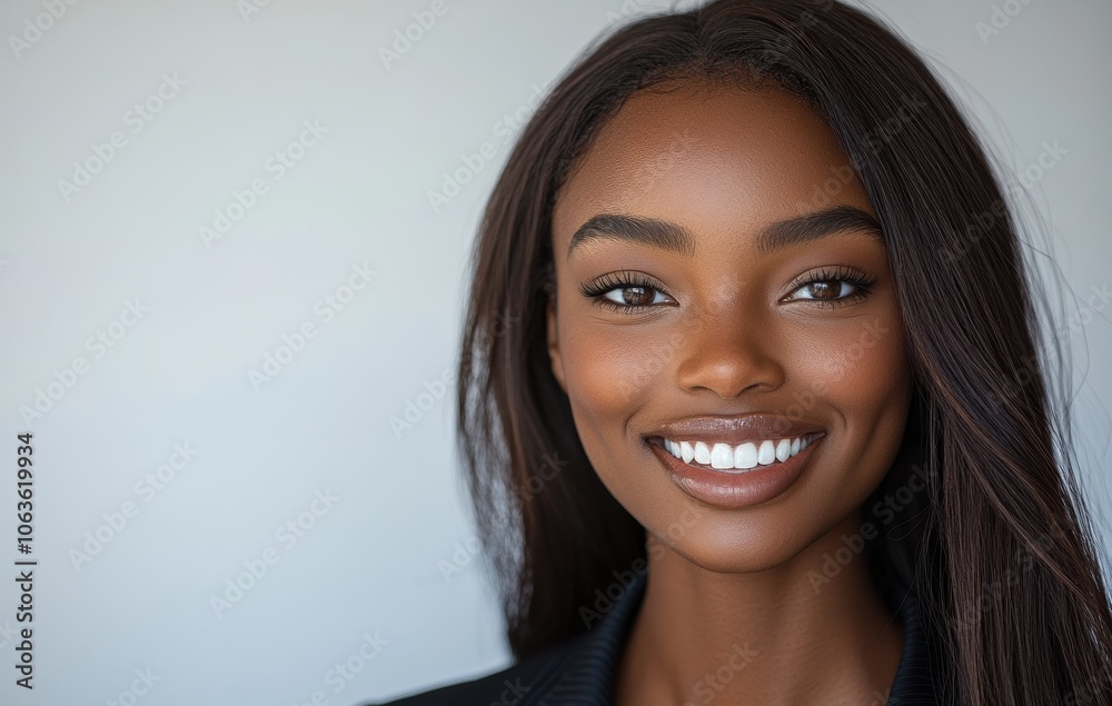 A smiling african woman in a dark business attire, exuding confidence against a white backdrop. A smiling african woman in a dark business attire, exuding confidence against a white backdrop.