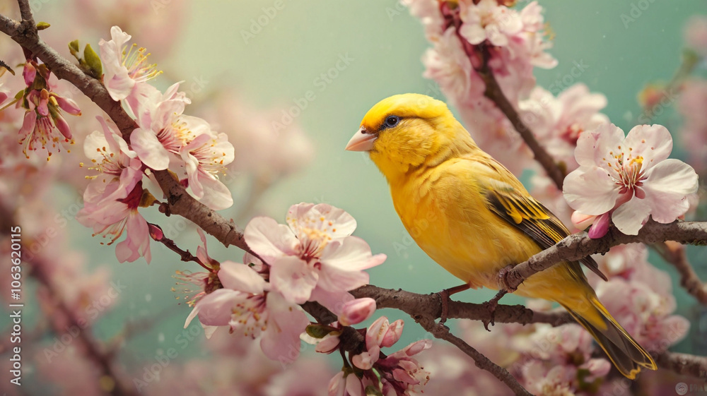 Detailed macro of a yellow canary resting on a flower-laden branch showcasing the vivid colors and the freshness of spring in a tranquil setting Detailed macro of a yellow canary resting on a flower-laden branch showcasing the vivid colors and the freshness of spring in a tranquil setting