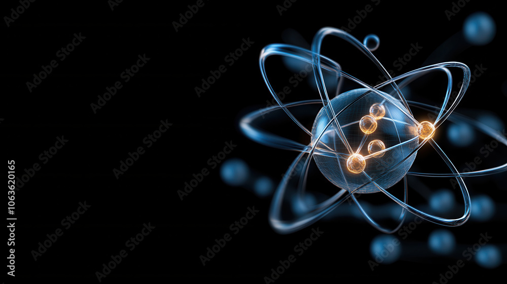 Atomic structure illustration featuring electrons, protons, and neutrons, showcasing vibrant and dynamic representation of atom in dark background Atomic structure illustration featuring electrons, protons, and neutrons, showcasing vibrant and dynamic representation of atom in dark background