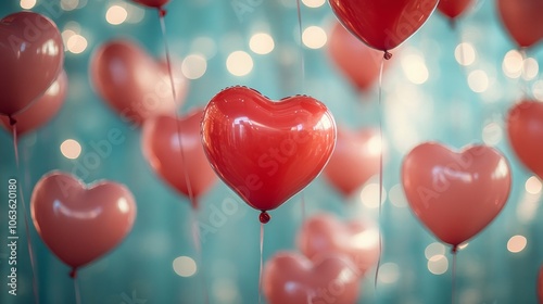 red heart shape balloons floating on pastel background
