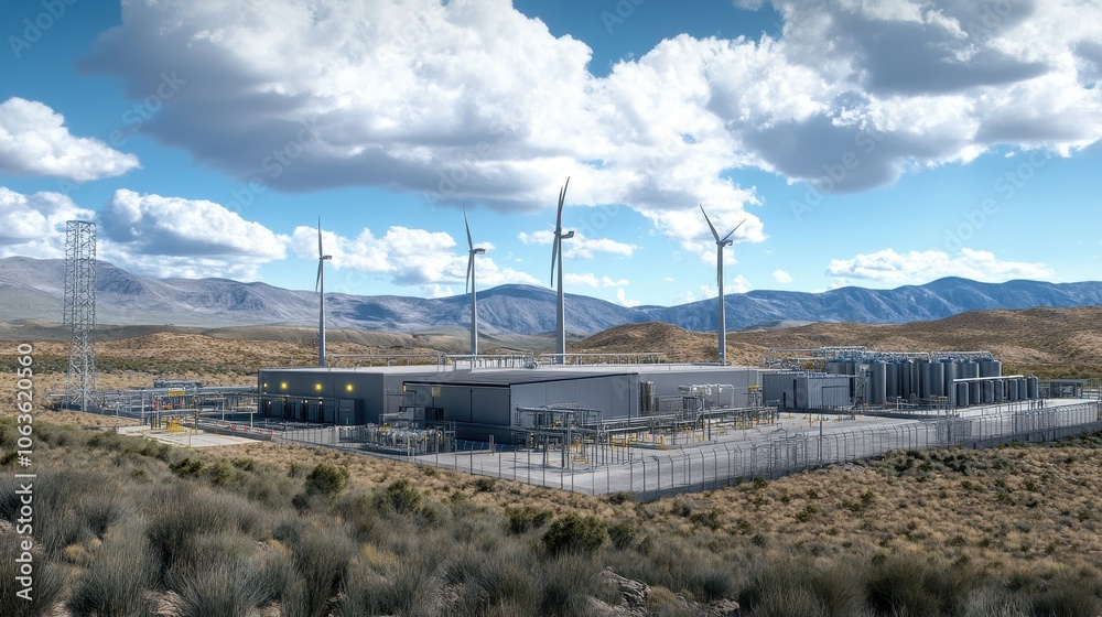 An industrial site featuring wind turbines in the background, demonstrating a commitment to renewable energy and environmental responsibility. An industrial site featuring wind turbines in the background, demonstrating a commitment to renewable energy and environmental responsibility.