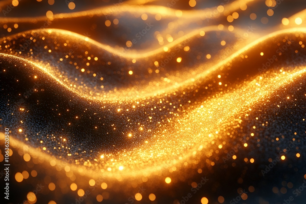 Naklejka premium A mesmerizing display of golden, shimmering waves with sparkling textures, creating a captivating visual ambiance of light and flow.