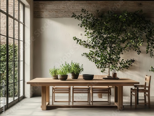 Teak and marble dining table in a botanicalthemed room, natural light, plants around photo