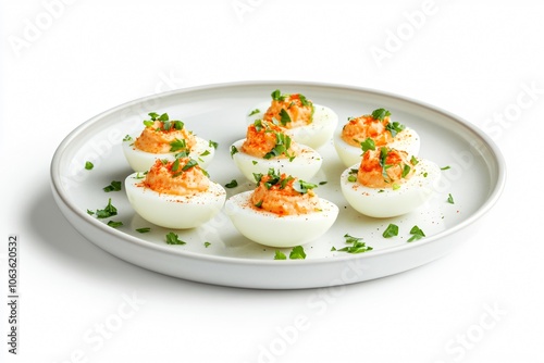 Plate of Classic Deviled Eggs, Isolated on White Background photo