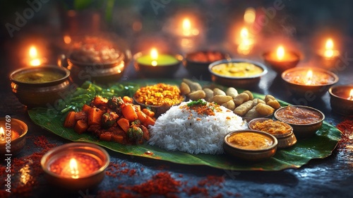 Traditional Indian Feast Celebrated with Candle Light and Flowers