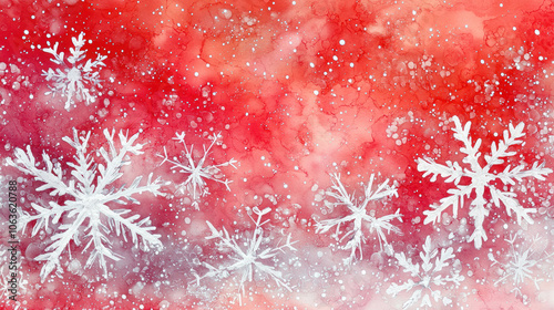 Red background with snowflakes and Copy Space, White Snowflakes on Red Alcohol Ink Background as Wallpaper Illustration, Festive Winter Wonderland photo