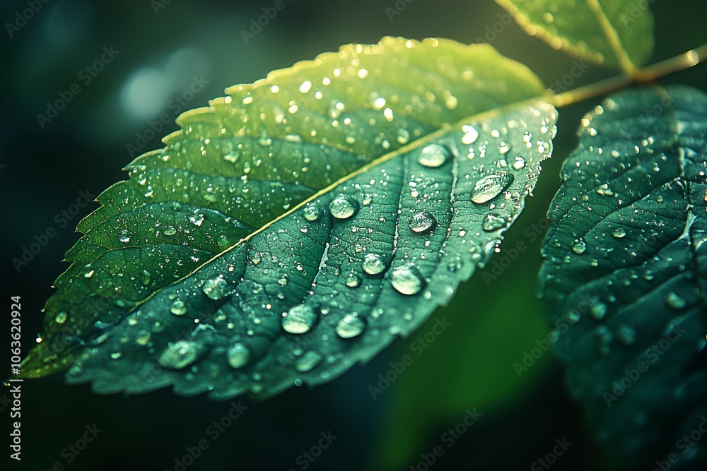 A close-up of fresh green leaves adorned with water droplets, highlighting the beauty of nature and the freshness after rain. A close-up of fresh green leaves adorned with water droplets, highlighting the beauty of nature and the freshness after rain.