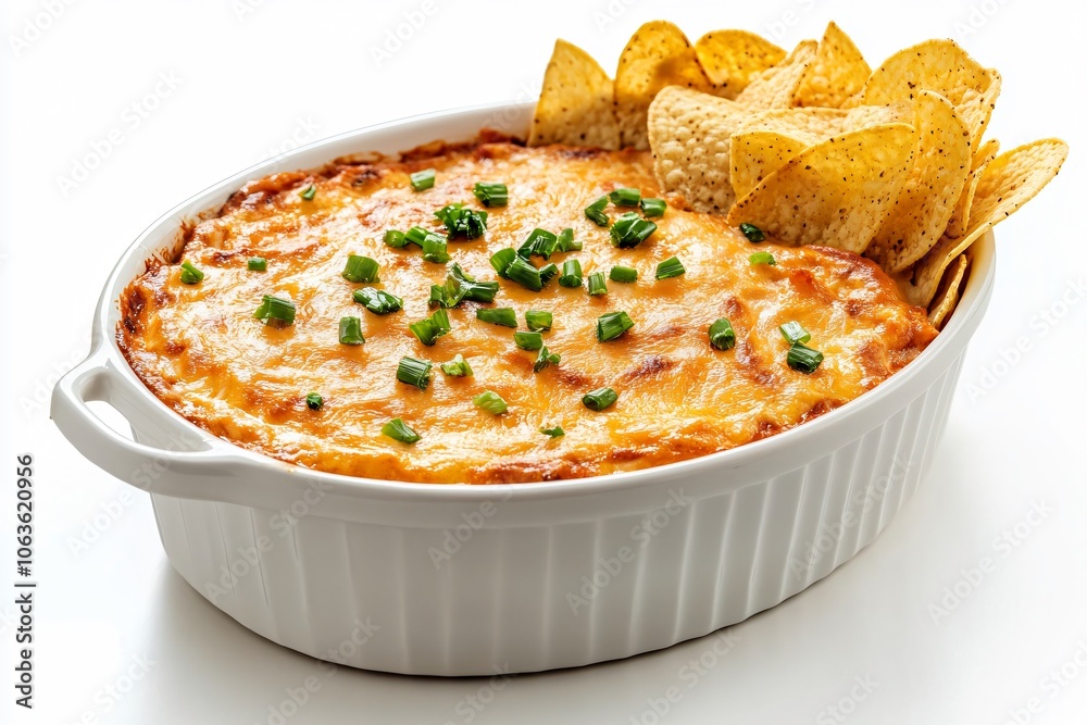 Spicy Buffalo Dip in Serving Bowl with Tortilla Chips on White Background Spicy Buffalo Dip in Serving Bowl with Tortilla Chips on White Background