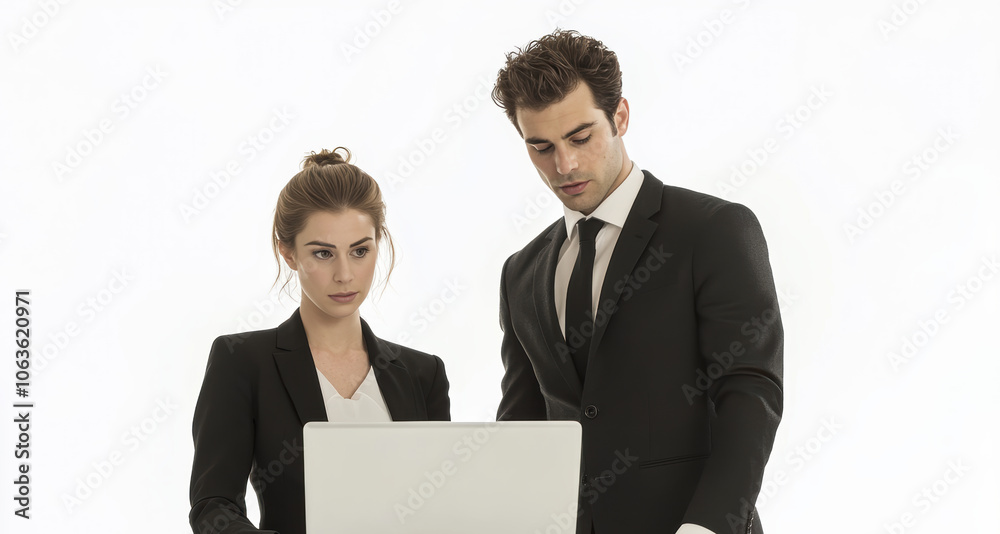 a businessman and businesswoman reviewing content on a laptop, portraying focus, professionalism, and teamwork. It is perfect for corporate marketing and business presentations. a businessman and businesswoman reviewing content on a laptop, portraying focus, professionalism, and teamwork. It is perfect for corporate marketing and business presentations.
